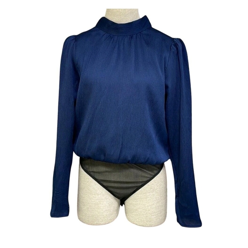 Lush Bodysuit Womens Large Navy Blue High Neck Tie Back Long Sleeve lightweight‎